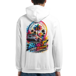 White petrohead hoodie featuring colorful "Built Not Bought" car graphic with palm trees and sunset on the back.