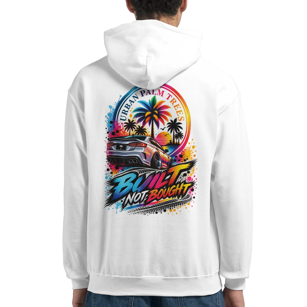 White petrohead hoodie featuring colorful "Built Not Bought" car graphic with palm trees and sunset on the back.
