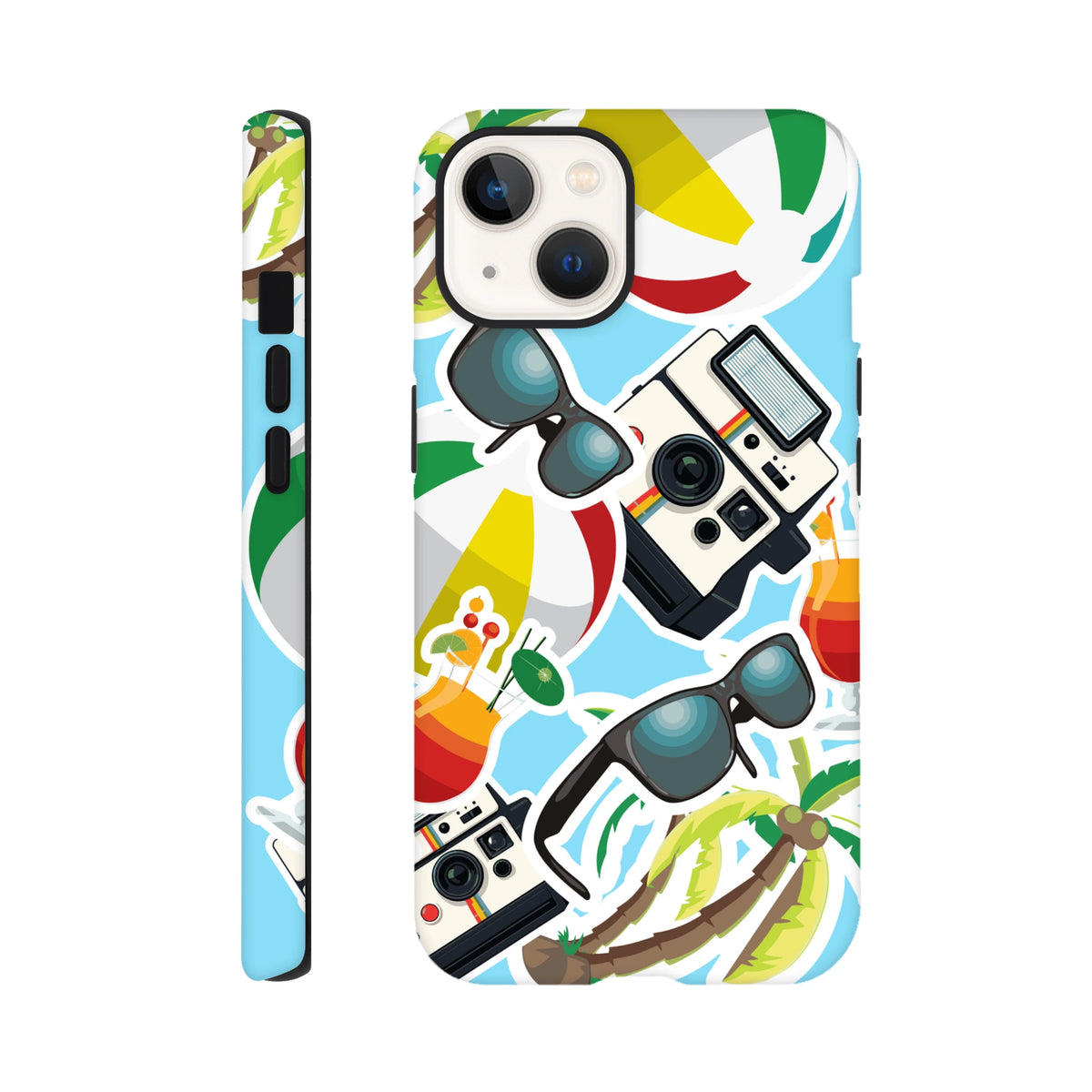 Blue summer holiday sticker effect iPhone case featuring palm trees, vintage cameras, sunglasses, and beach balls on light blue background.