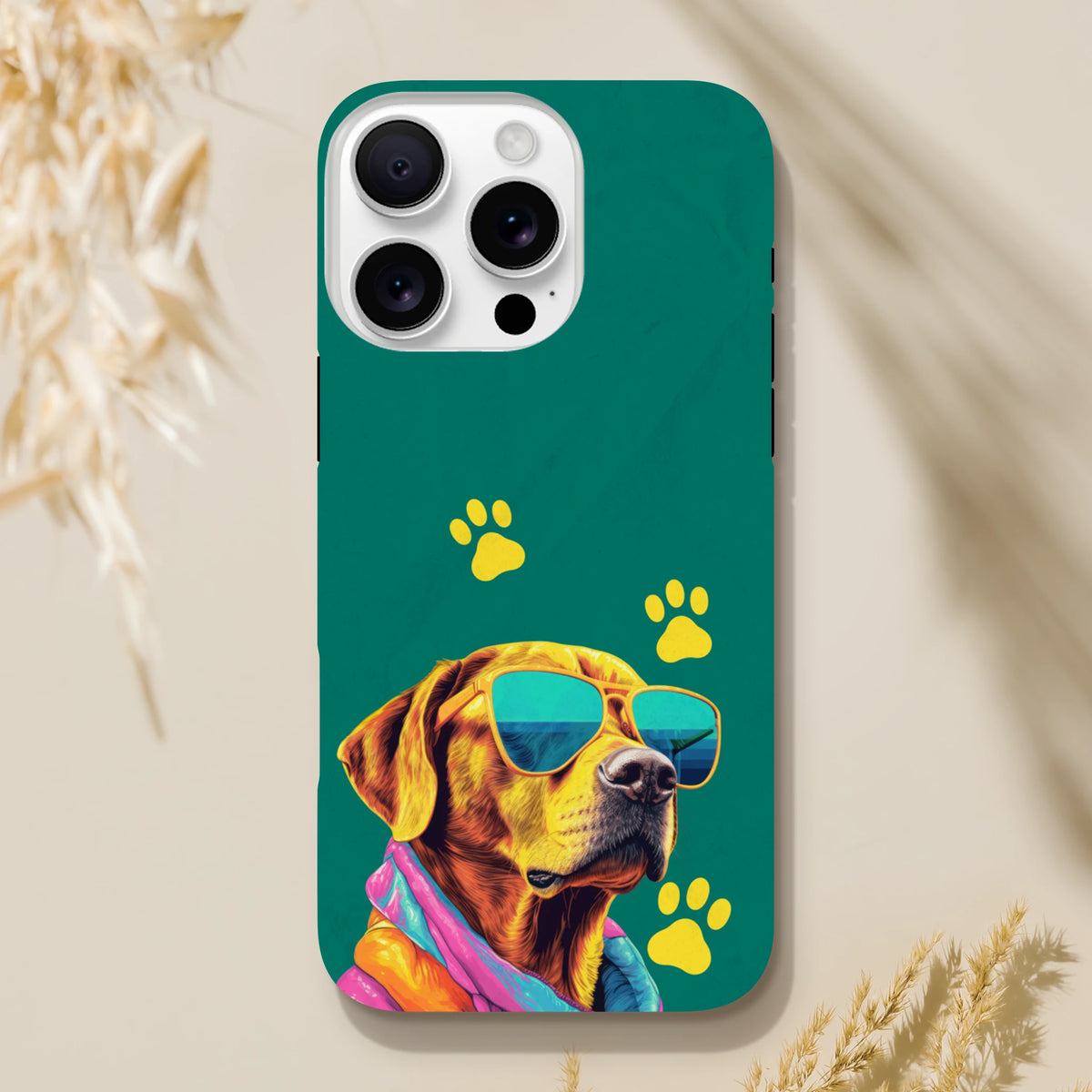 Teal iPhone case featuring a cool dog with sunglasses and yellow paw prints. Shock absorbing protective cover for daily carry.