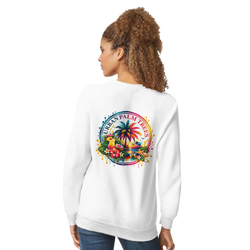 White sweatshirt with retro tropical back print featuring palm trees, cocktails, and flowers for a laid-back holiday vibe.