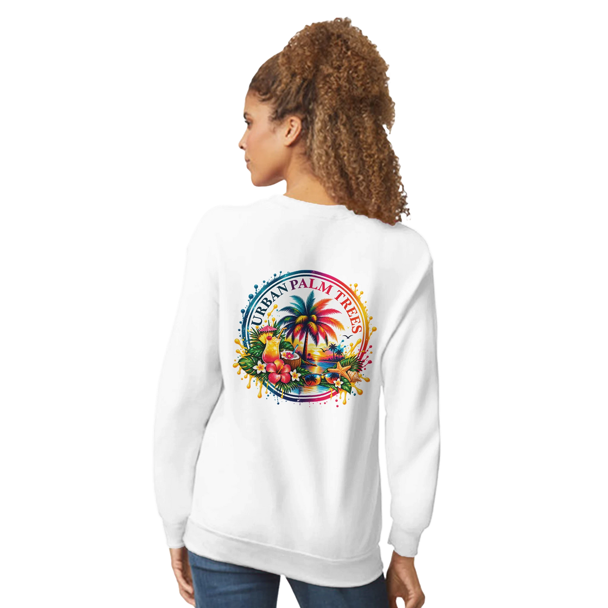 White sweatshirt with retro tropical back print featuring palm trees, cocktails, and flowers for a laid-back holiday vibe.