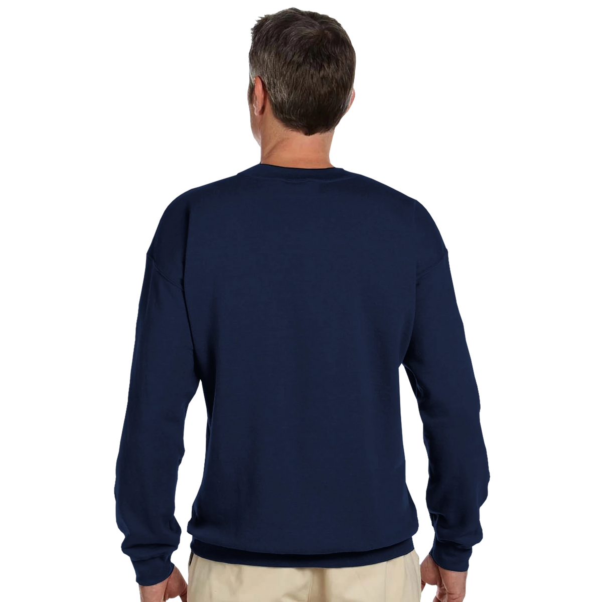Back view of a navy men's sweatshirt featuring a relaxed fit and ribbed cuffs, showcasing the plain rear design of the streetwear jumper.