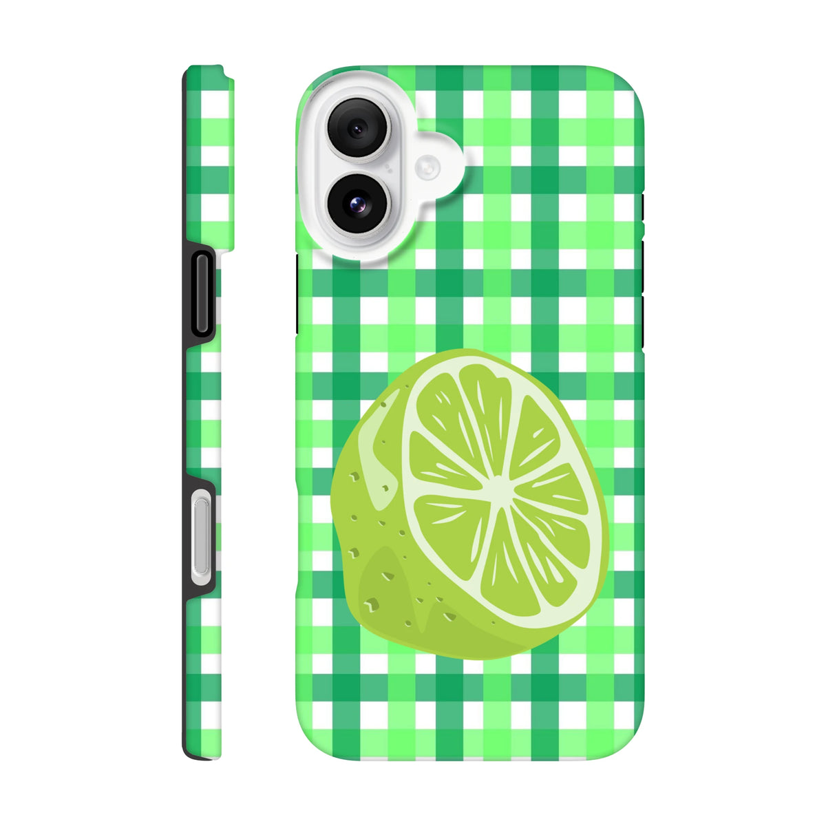 Green gingham iPhone case featuring a large lime slice graphic. Tough, glossy citrus design for reliable daily protection.