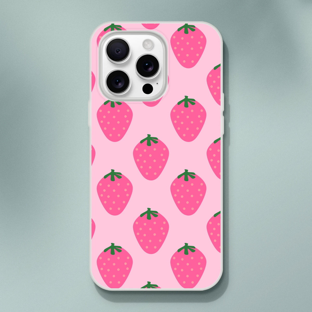 Pink strawberry-pattern iPhone case for 13-16, kawaii fruit aesthetic with triple-lens camera cutout.