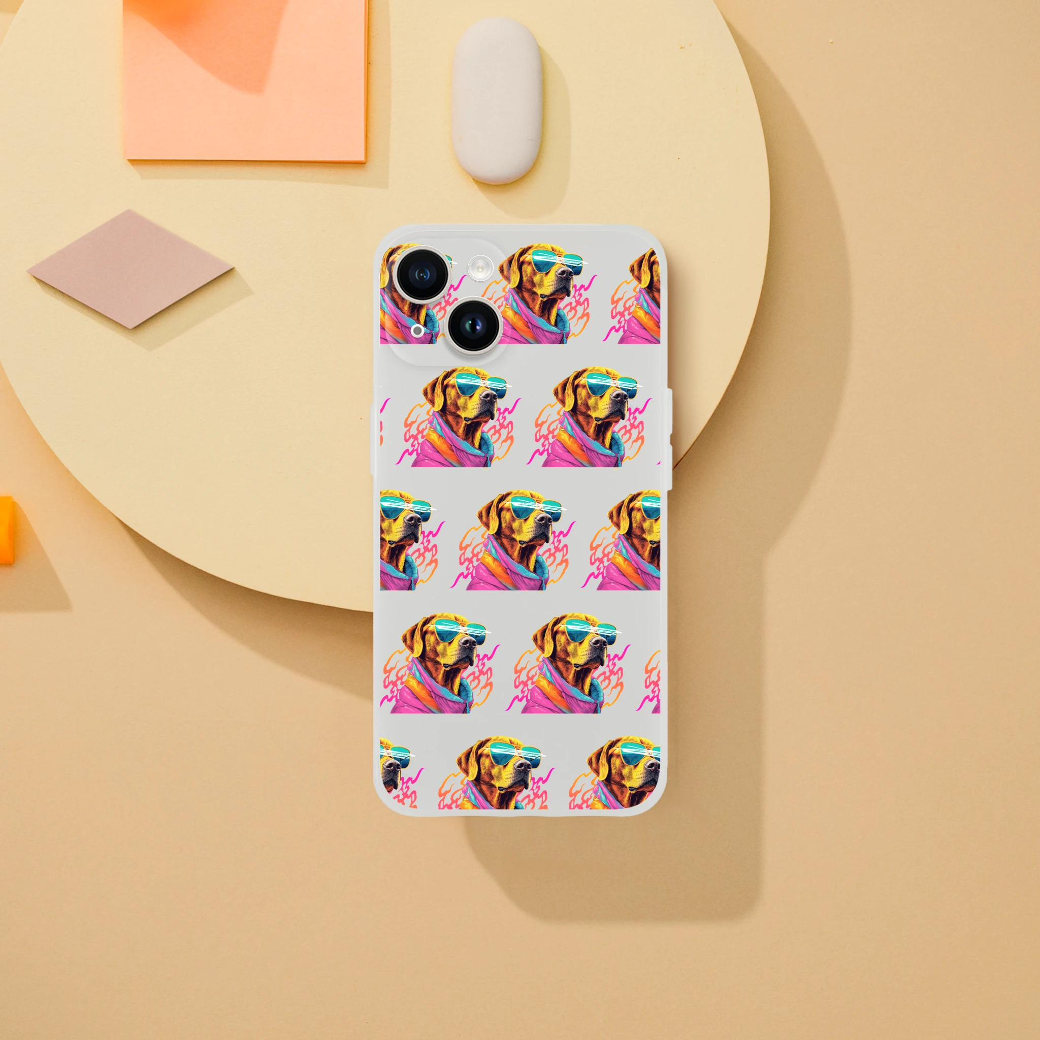 Slim frosty transparent iPhone case featuring a repeating colorful dog wearing sunglasses design for iPhone 13–16.