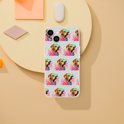 Slim frosty transparent iPhone case featuring a repeating colorful dog wearing sunglasses design for iPhone 13–16.