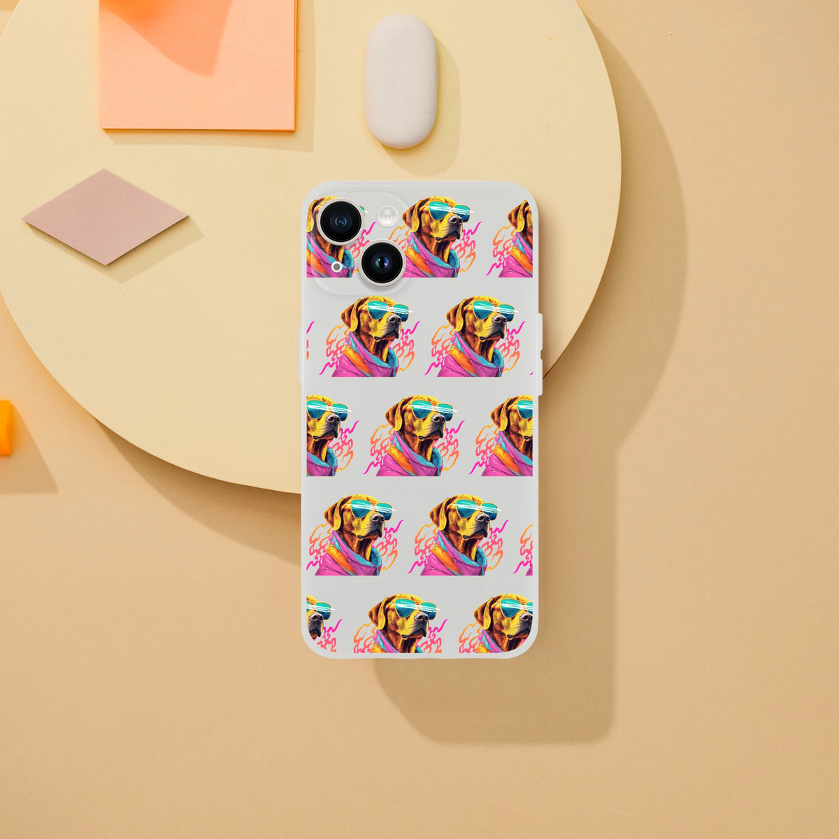 Slim frosty transparent iPhone case featuring a repeating colorful dog wearing sunglasses design for iPhone 13–16.