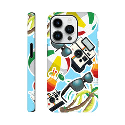Blue iPhone case featuring a vibrant summer sticker effect with palm trees, retro cameras, sunglasses, and beach balls.