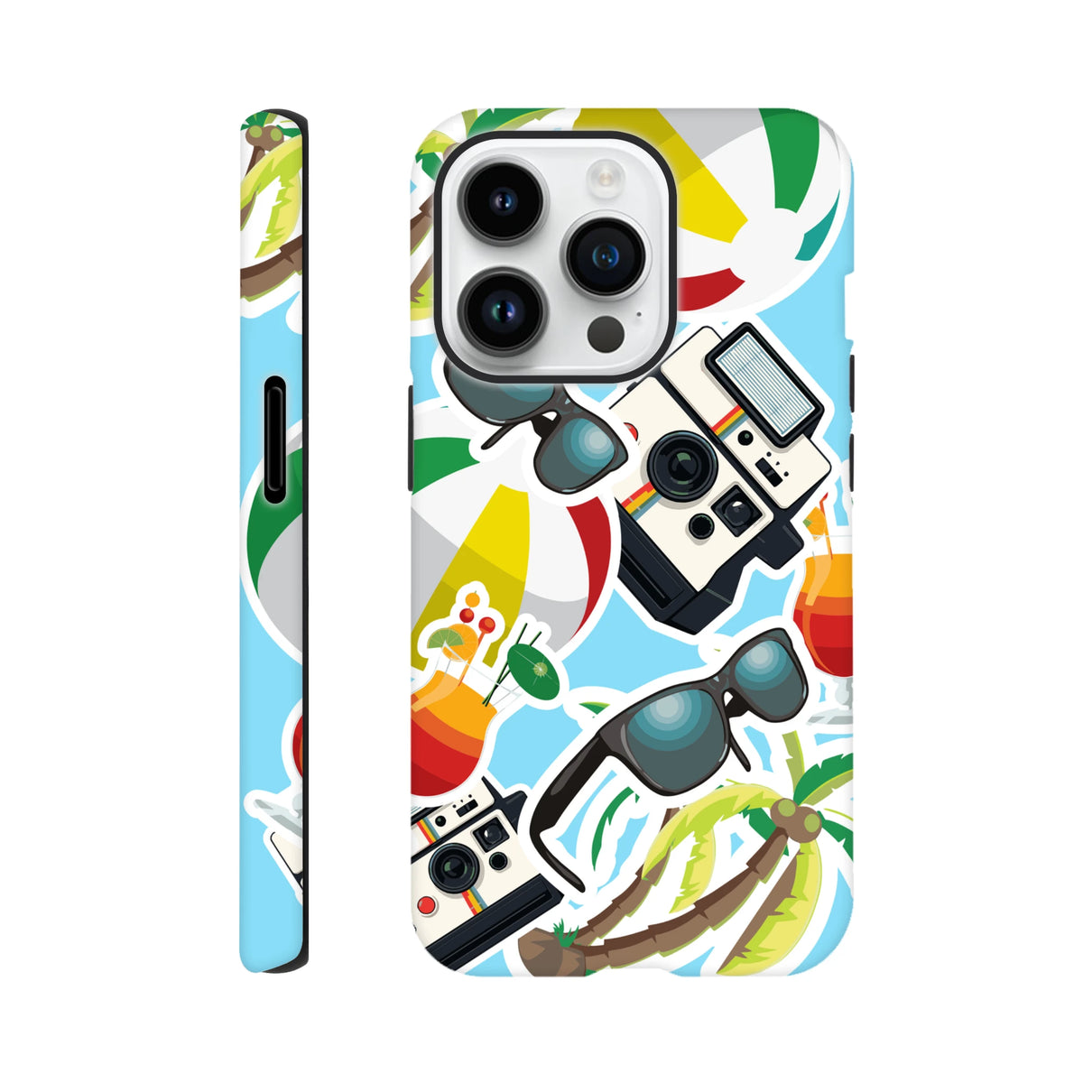 Blue iPhone case featuring a vibrant summer sticker effect with palm trees, retro cameras, sunglasses, and beach balls.