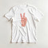 White women's graphic tee with pink peace sign hand design, short sleeves.