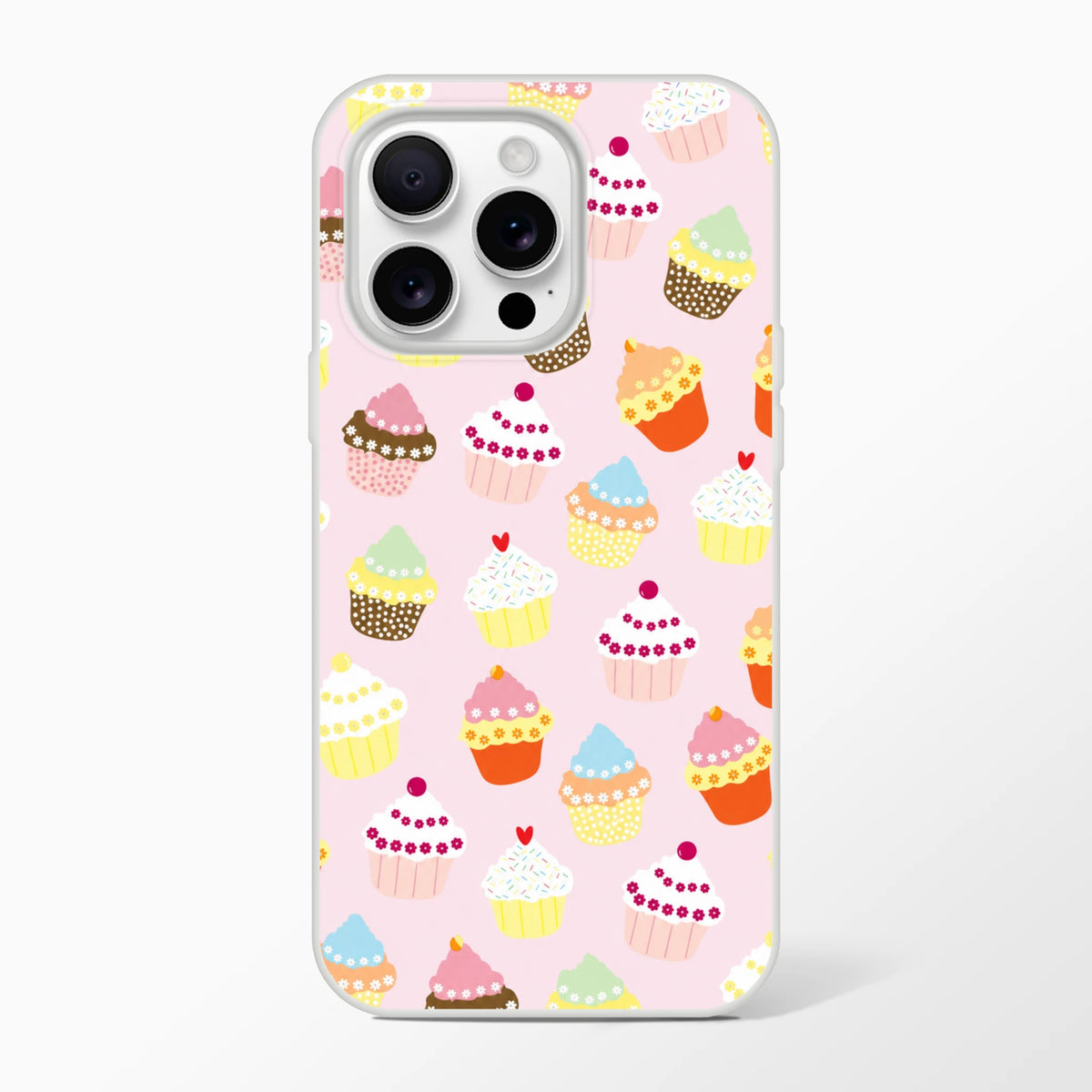Pastel cupcake pattern iPhone case for iPhone 13–16 with a kawaii, sweet-treat design on pink.