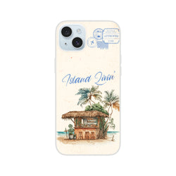 Vintage Postcard iPhone case with Island Holiday design, palm trees, hut, and retro stamp artwork.
