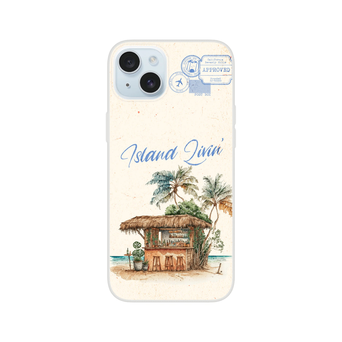 Vintage Postcard iPhone case with Island Holiday design, palm trees, hut, and retro stamp artwork.