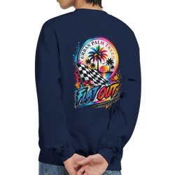 Navy petrolhead sweatshirt back featuring "Flat Out" graphic with checkered flag, palm trees, and retro sunset design.