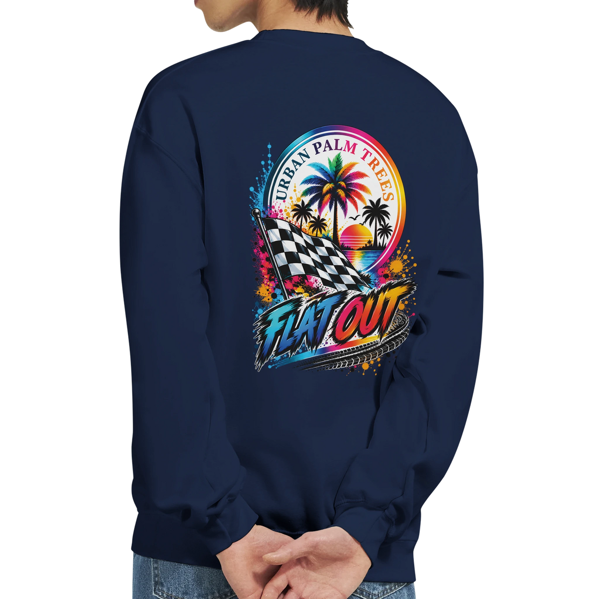 Navy petrolhead sweatshirt back featuring "Flat Out" graphic with checkered flag, palm trees, and retro sunset design.