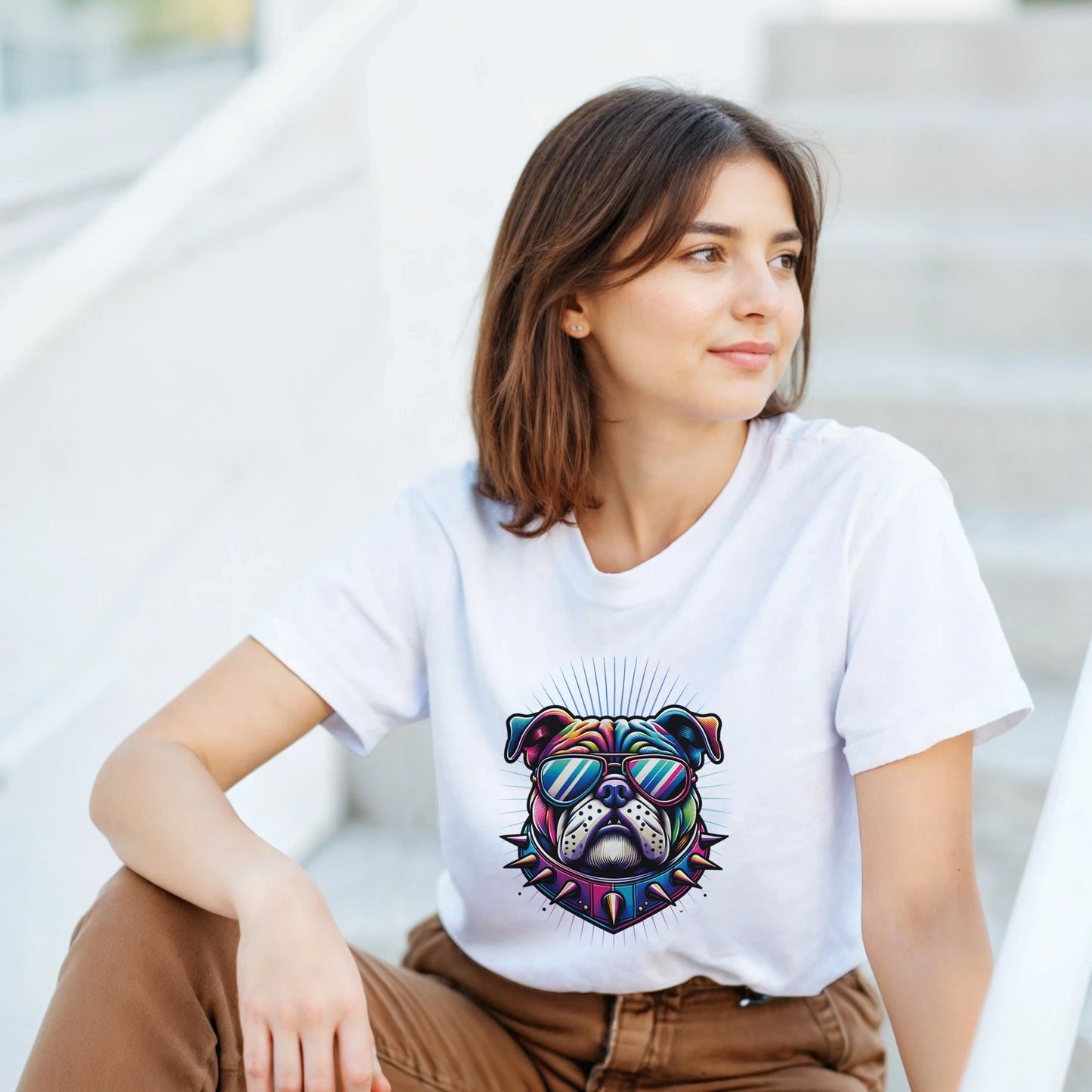 Woman wearing Bull Dog T-Shirt, a soft cotton blend white graphic tee with a colorful bulldog wearing sunglasses.