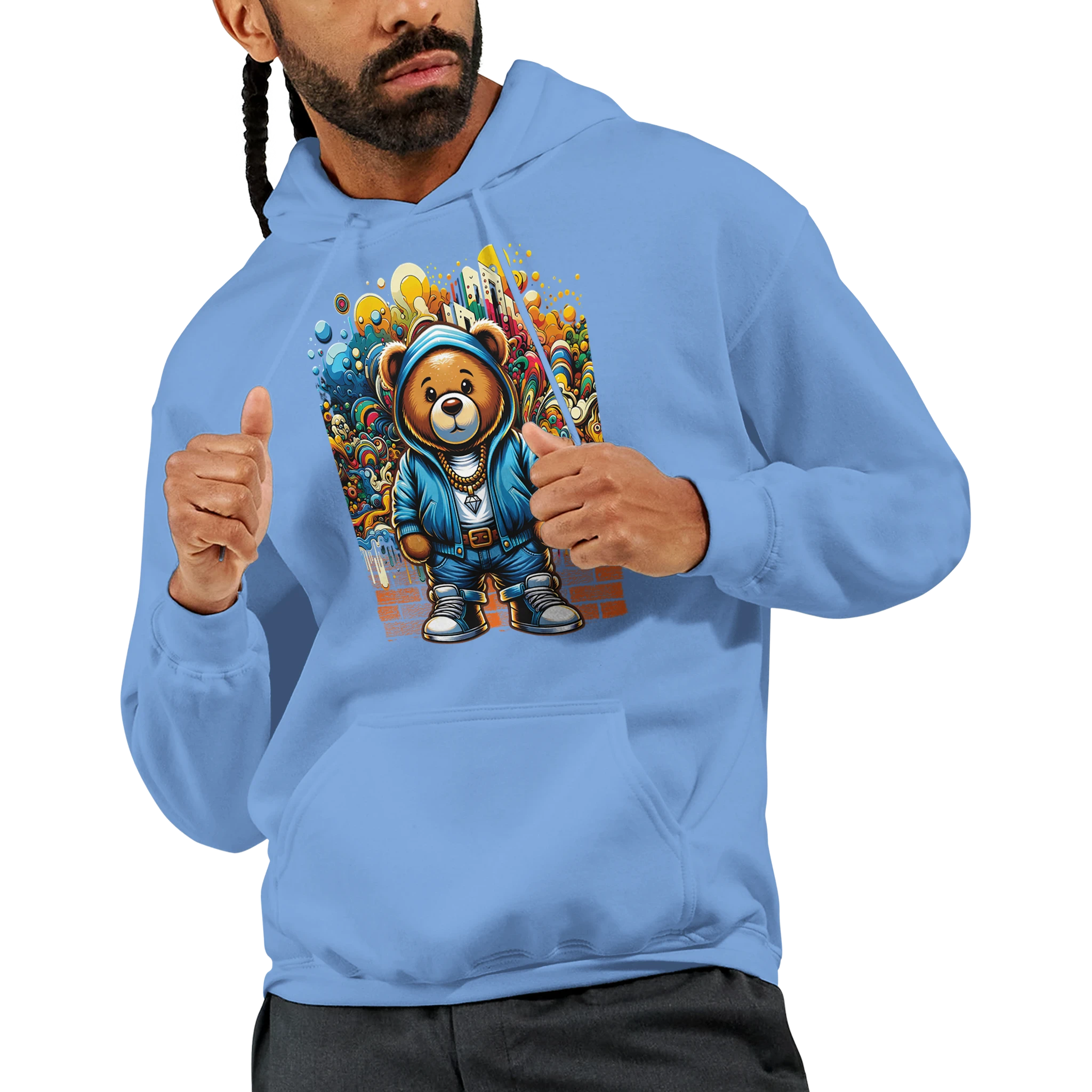 Men's Urban Teddy Bear Hoodie in blue with colorful graffiti bear graphic; 50/50 cotton-poly blend.