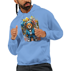 Men's Urban Teddy Bear Hoodie in blue with colorful graffiti bear graphic; 50/50 cotton-poly blend.