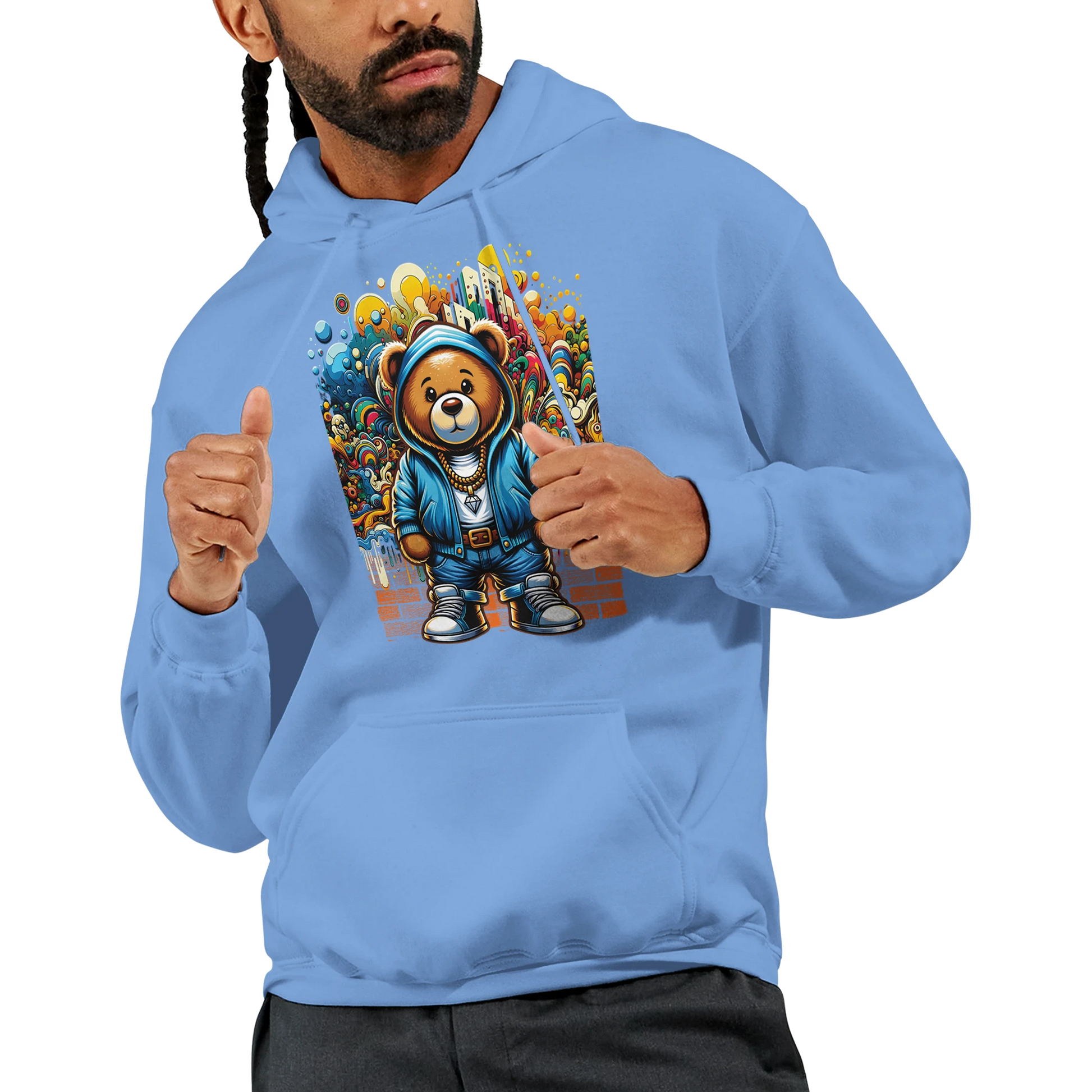 Person wearing a blue men's teddy bear hoodie with a colorful bear graphic design on a white background. 2