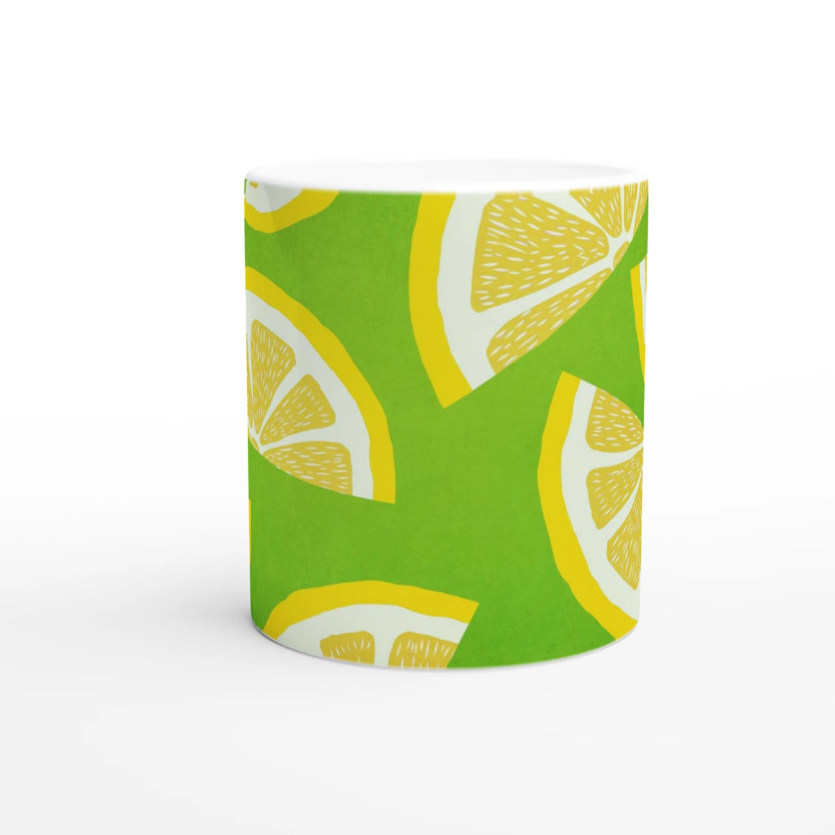 Cute Lemon Slice Mug, a ceramic coffee cup with lime green and yellow citrus pattern.