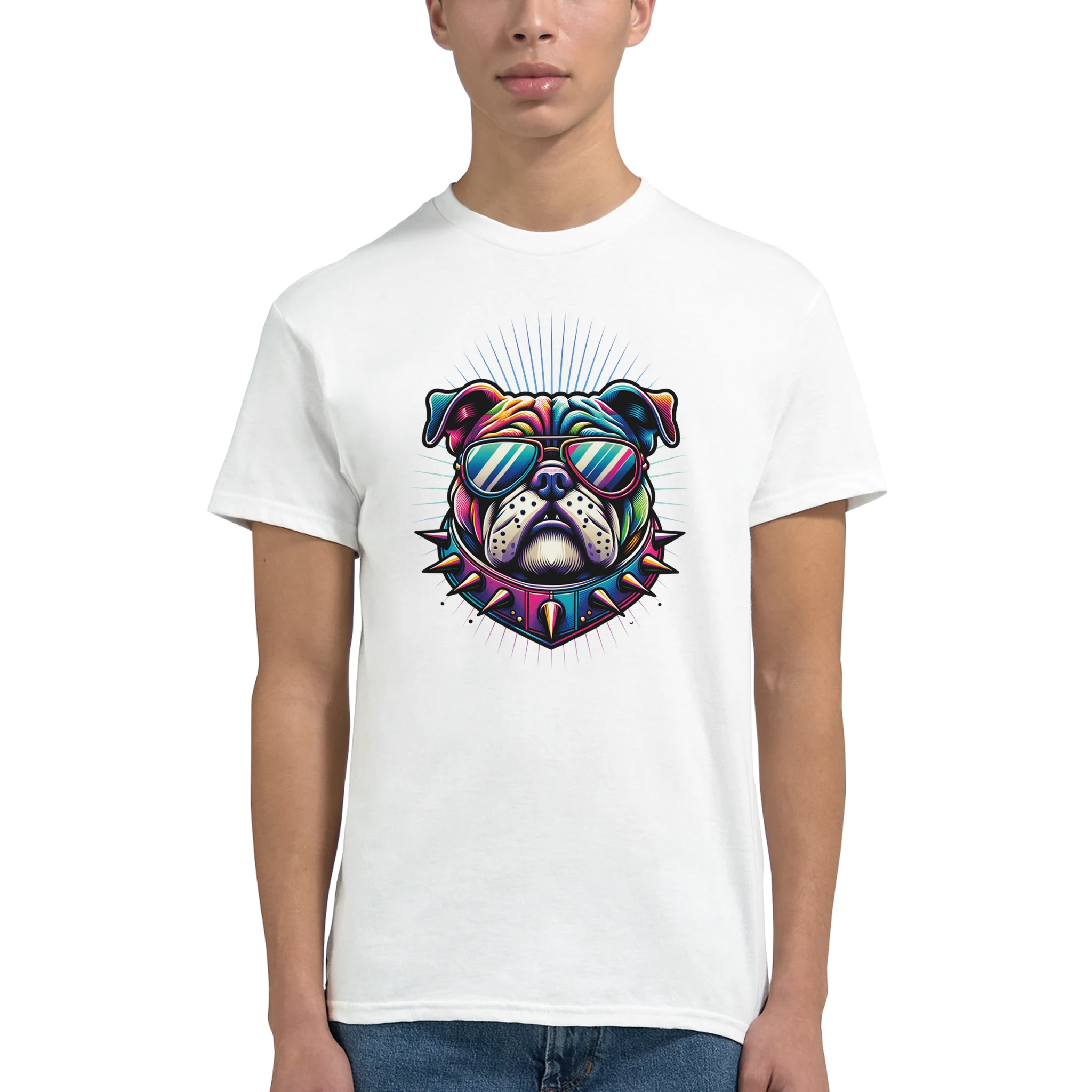 Colorful bulldog graphic tee with sunglasses and spiked collar on white cotton shirt.