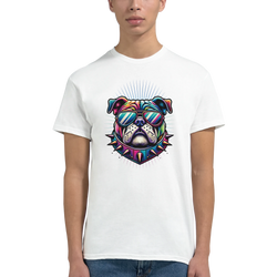 Colorful bulldog graphic tee with sunglasses and spiked collar on white cotton shirt.