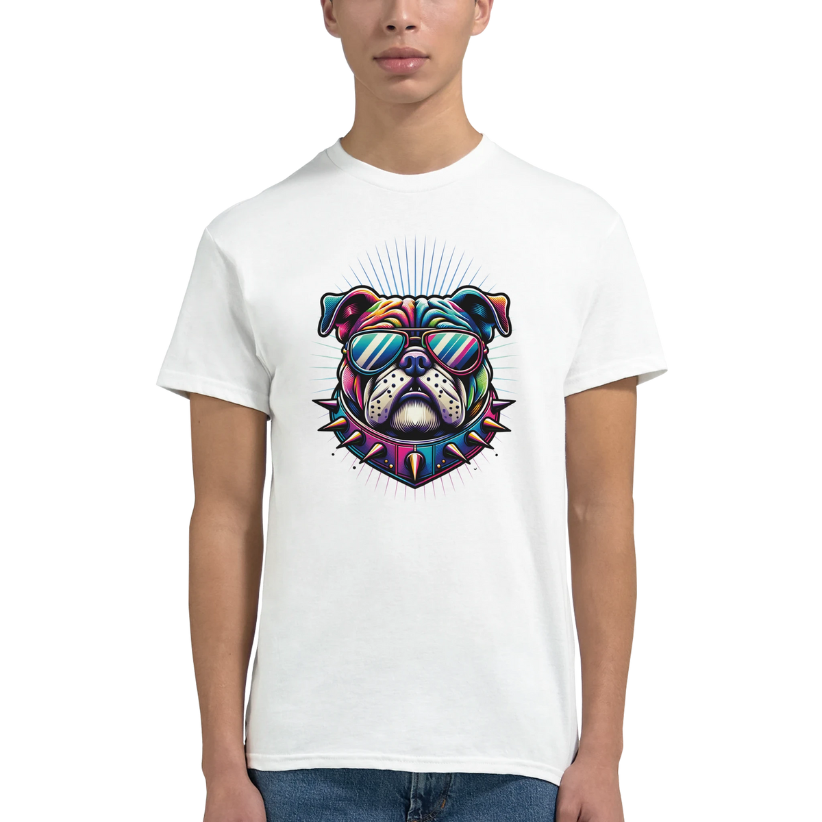 Colorful bulldog graphic tee with sunglasses and spiked collar on white cotton shirt.