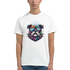 Colorful bulldog graphic tee with sunglasses and spiked collar on white cotton shirt.