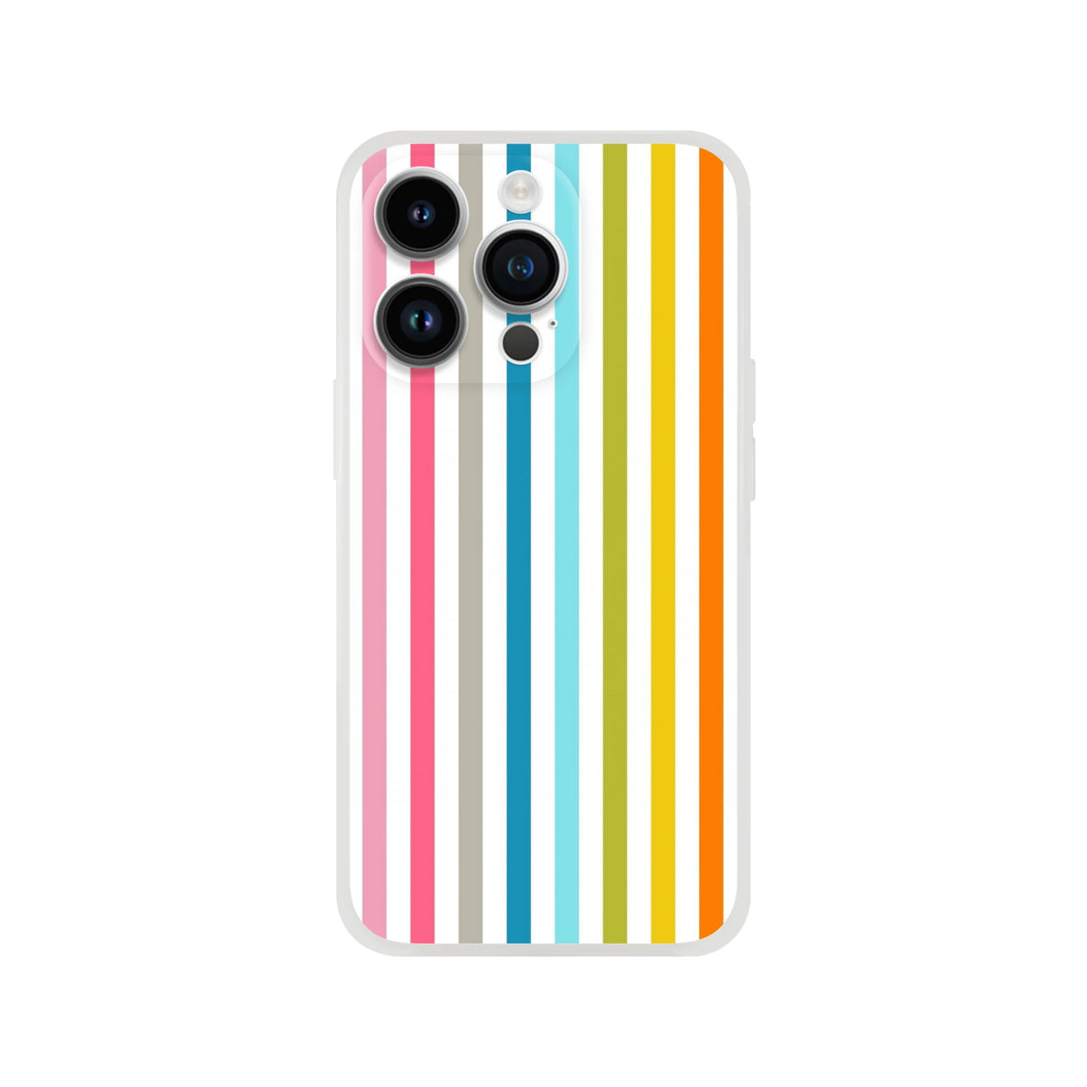 Pastel rainbow striped iPhone case for iPhone 13-16 with frosty transparent shell and retro rainbow print.