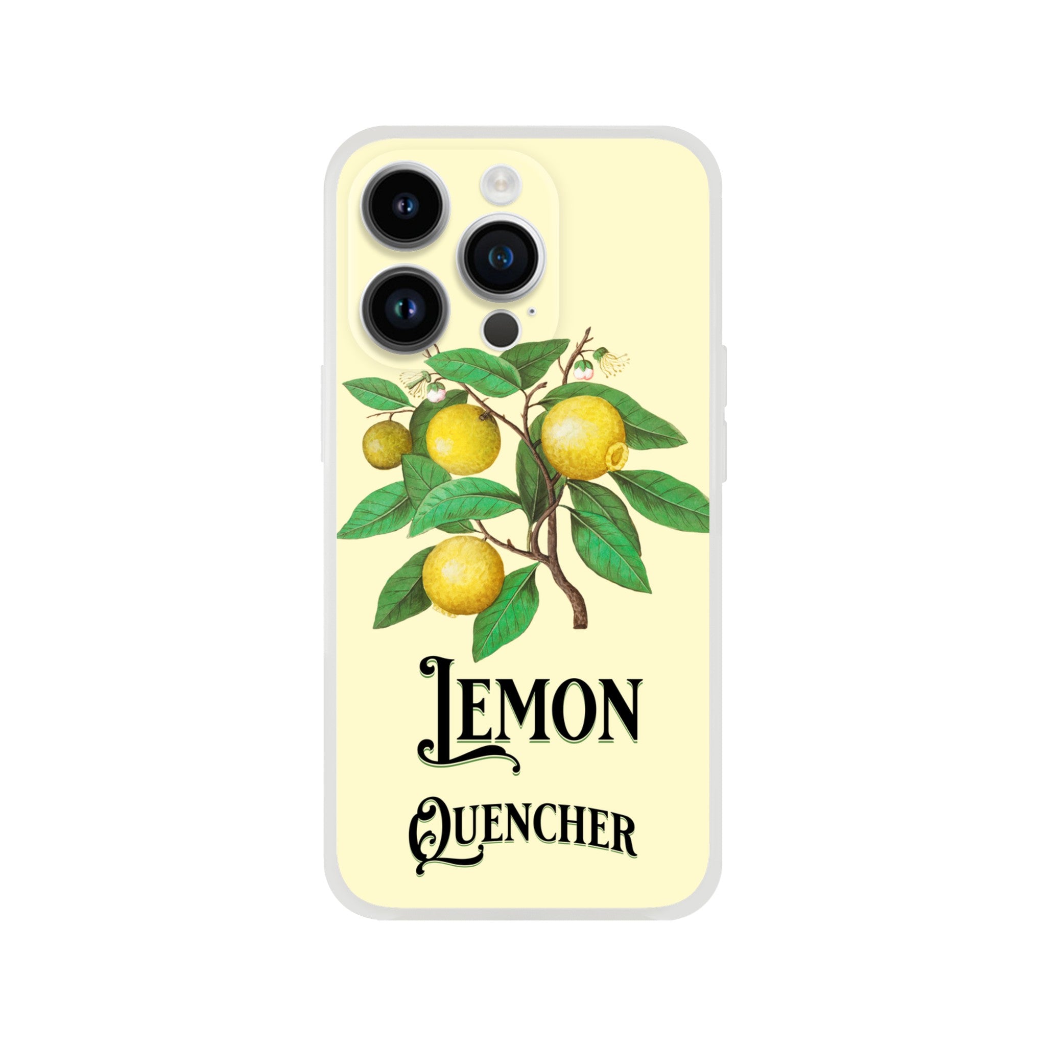 Yellow iPhone case with lemon branch artwork and Lemon Quencher text, slim protective cover for iPhone 16–13