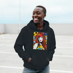 Black streetwear pullover featuring a bold retro pop art graphic of a red-haired woman surrounded by colorful geometric shapes.