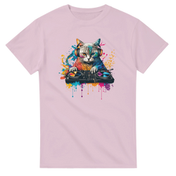 Colorful DJ cat graphic tee featuring a cat with headphones mixing records amidst vibrant paint splashes. Essential streetwear music shirt for men.