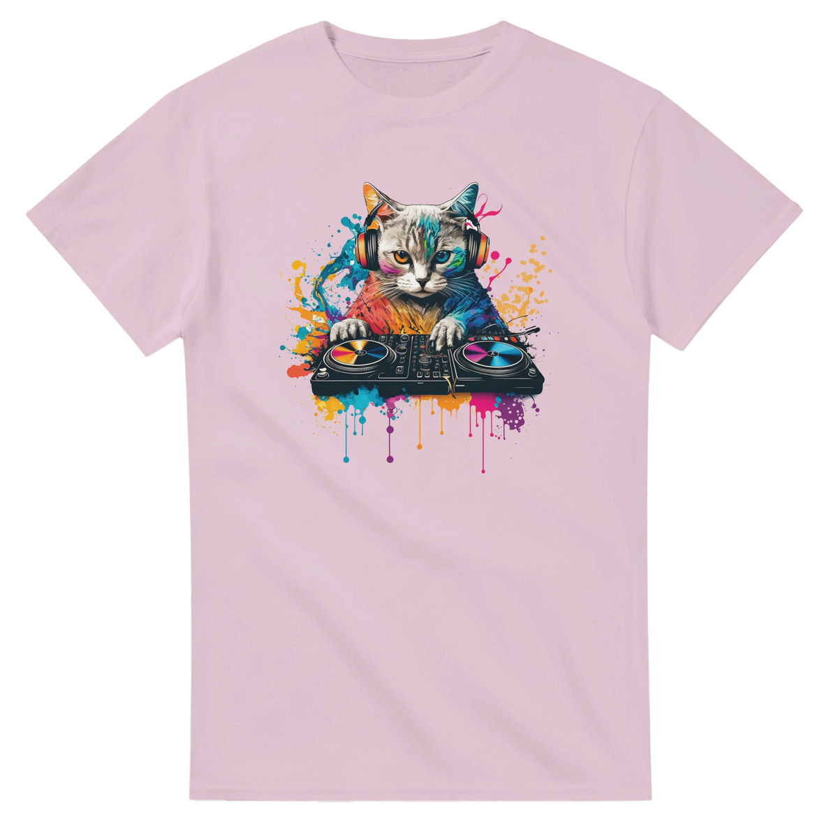 Colorful DJ cat graphic tee featuring a cat with headphones mixing records amidst vibrant paint splashes. Essential streetwear music shirt for men.