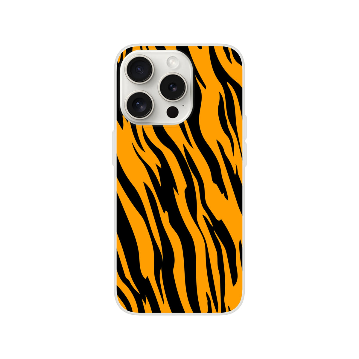 Orange and black tiger print iPhone case (13-16) with a slim matte shell