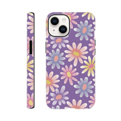 Purple iPhone case featuring a retro pastel daisy floral pattern with shock-absorbing TPU protection for models 13-16.