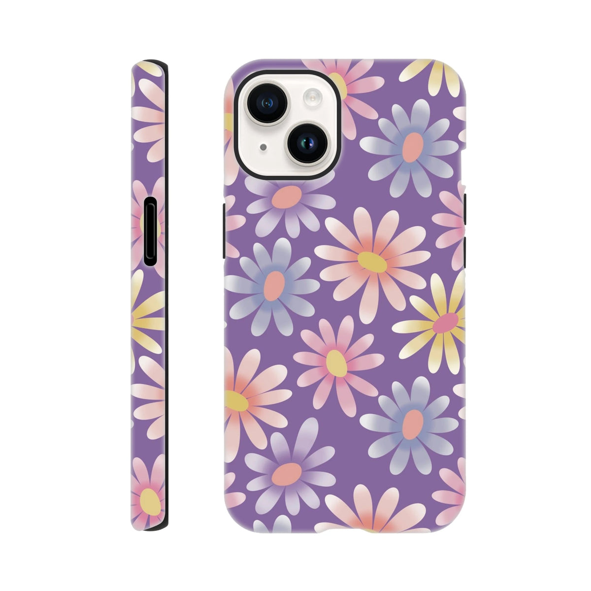 Purple iPhone case featuring a retro pastel daisy floral pattern with shock-absorbing TPU protection for models 13-16.