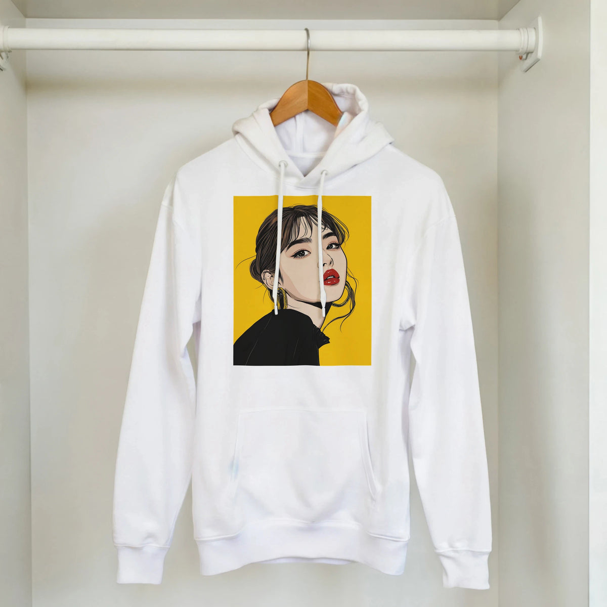 White pullover hoodie featuring retro brunette pop art woman graphic on yellow background. Vintage streetwear fashion.