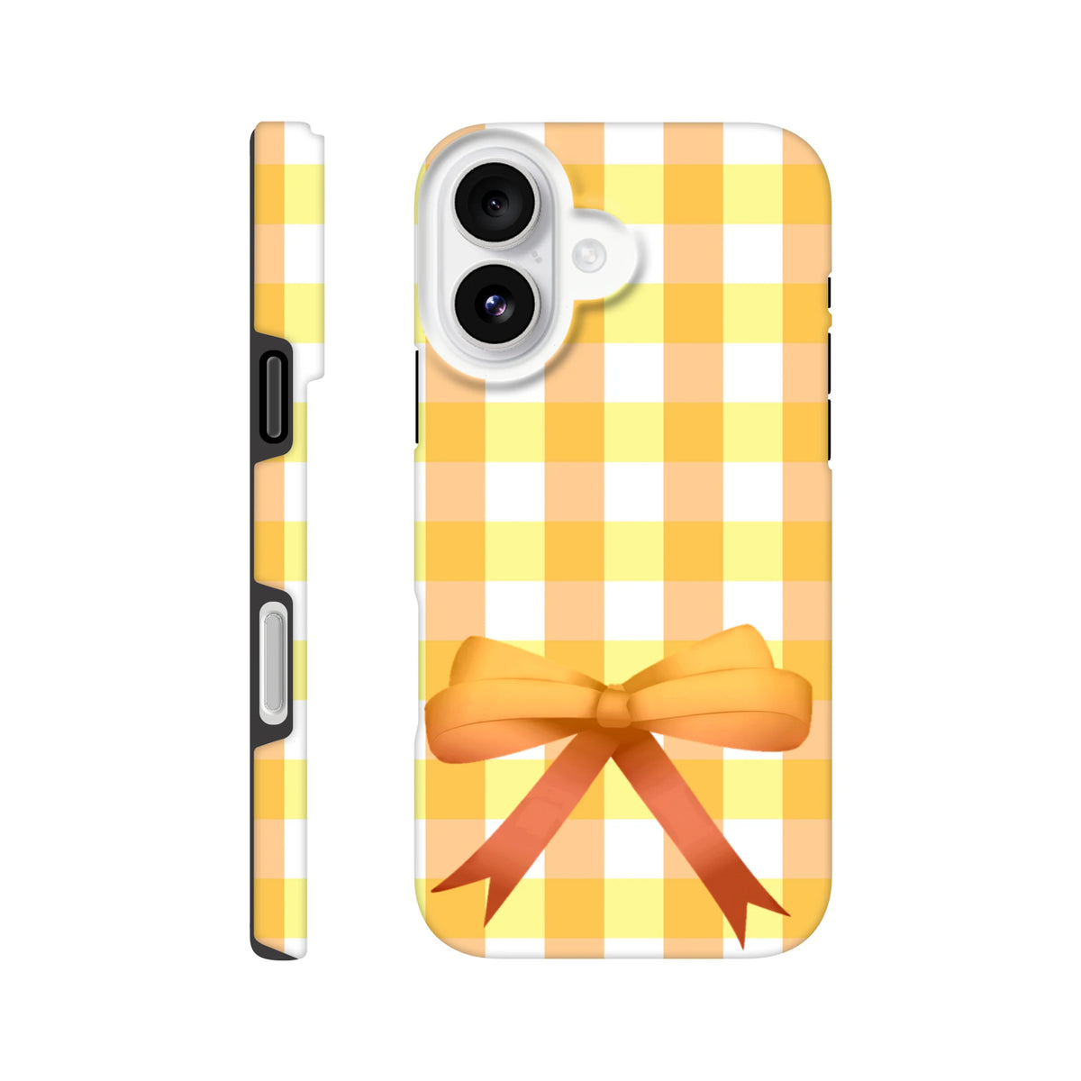 Yellow gingham iPhone case with large orange coquette bow design. Vintage grid pattern offers tough protection and cute street style.