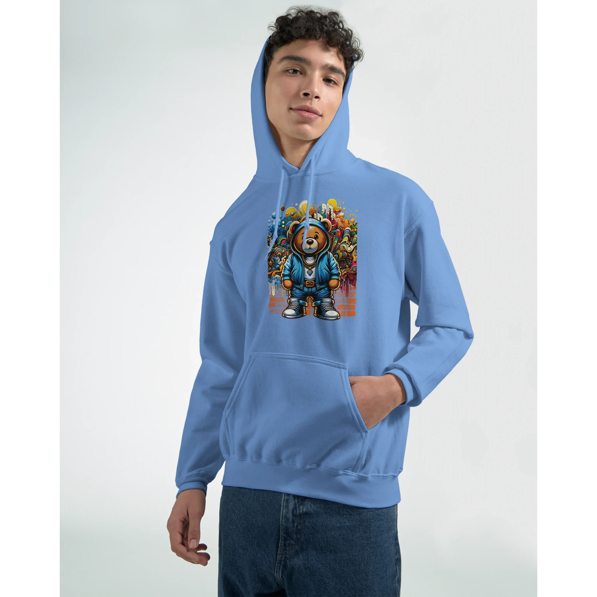 Men's blue Urban Teddy Bear Hoodie, 50/50 cotton-poly blend, bold bear graphic with graffiti backdrop.