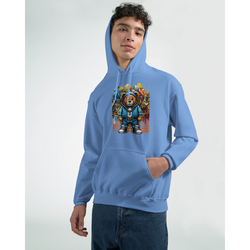 Men's blue Urban Teddy Bear Hoodie, 50/50 cotton-poly blend, bold bear graphic with graffiti backdrop.
