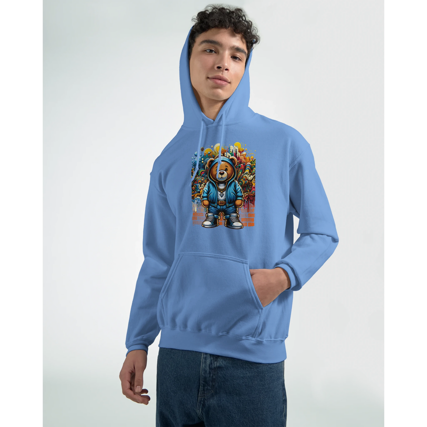 Person wearing a blue men's teddy bear hoodie with a colorful graphic design on a white background. 5