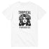 Tropical Paradise white women's graphic tee with a stylized portrait, palm leaves, and a flower.