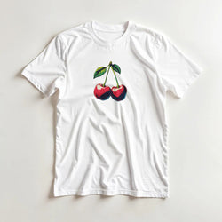 White women's cotton-blend crew-neck T-shirt with cherries graphic print.