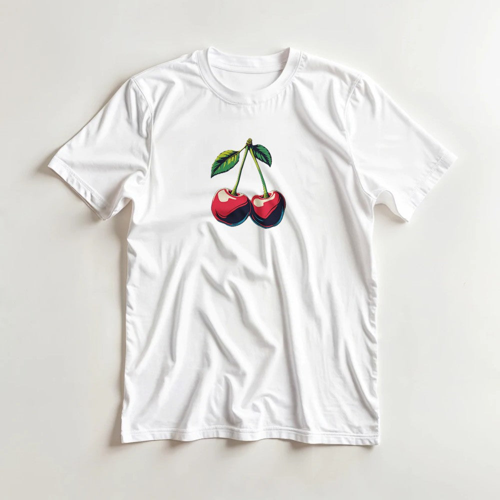 White women's cotton-blend crew-neck T-shirt with cherries graphic print.