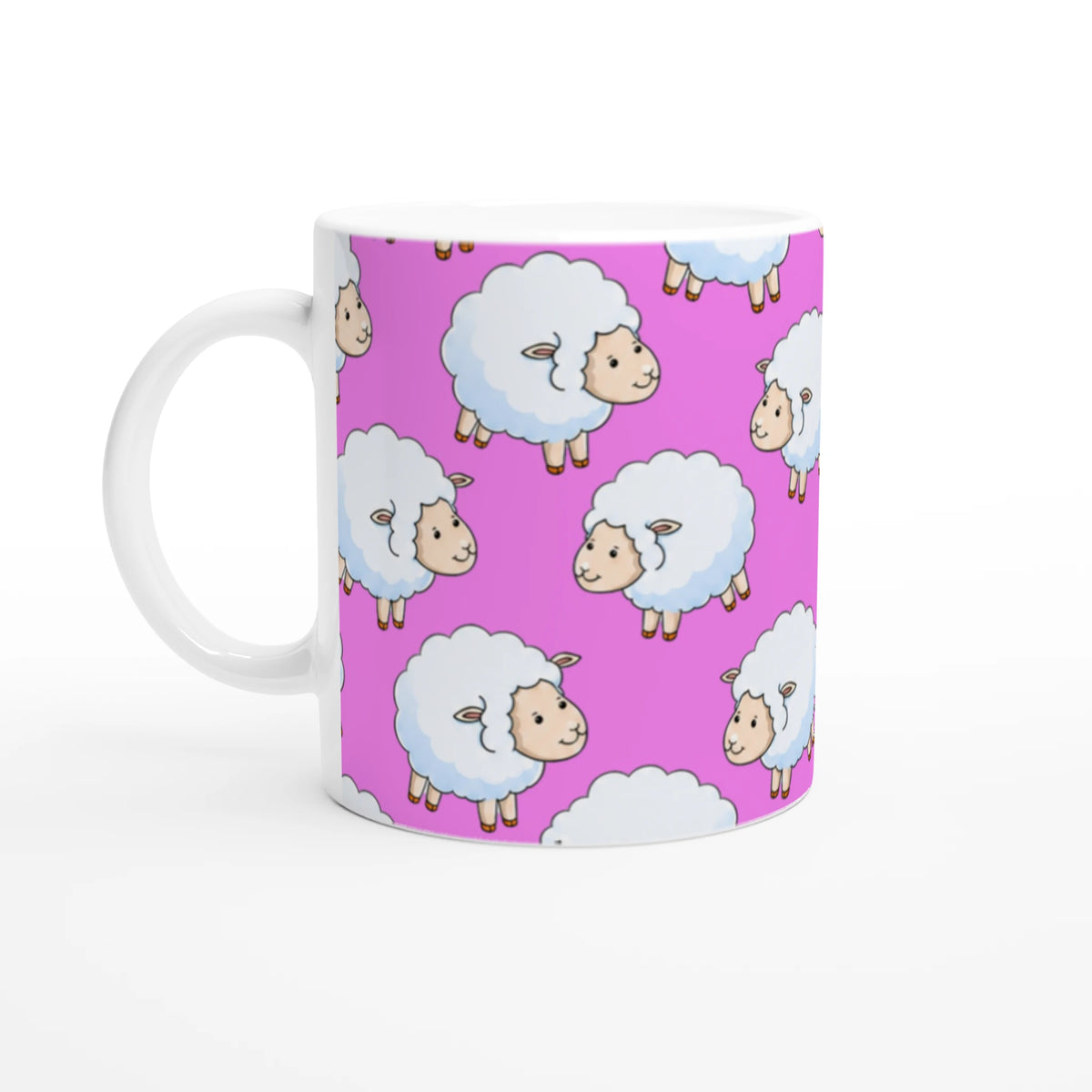 Cute sheep ceramic mug with pink aesthetic lamb pattern and clouds