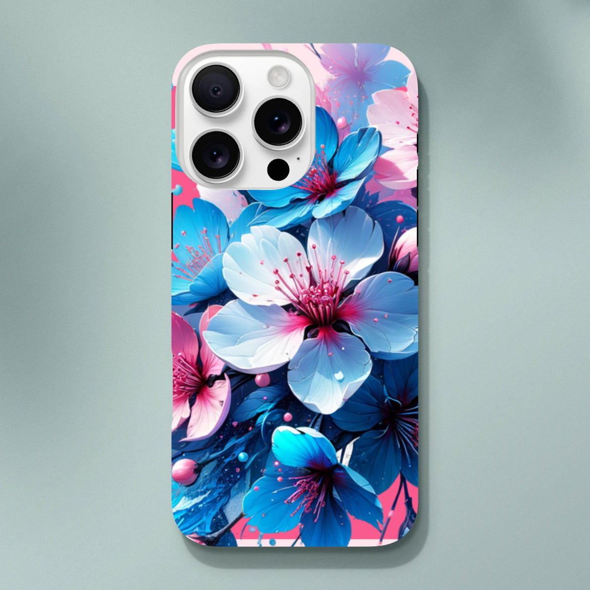 Vibrant blue and pink floral iPhone case design offering durable streetwear style for urban commuters and digital creators.