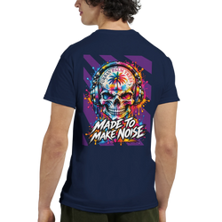 Navy men's t-shirt back featuring colorful skull wearing headphones, palm tree graphic, and "Made To Make Noise" retro music art.