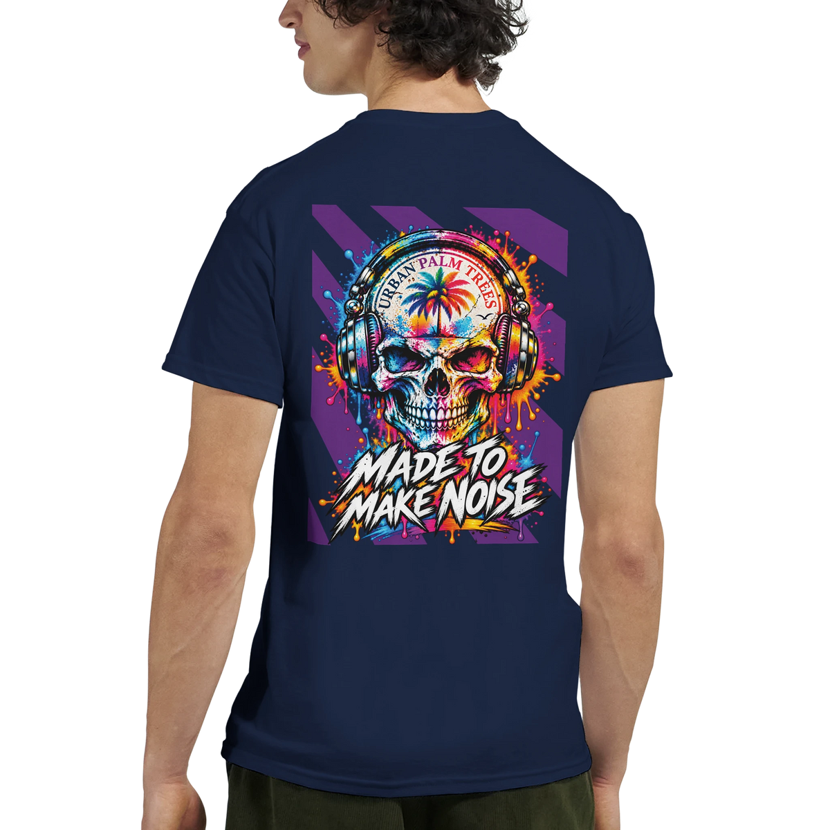 Navy men's t-shirt back featuring colorful skull wearing headphones, palm tree graphic, and "Made To Make Noise" retro music art.