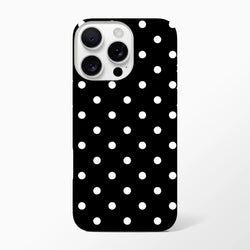 Black and white polka dot iPhone case with tough dual-layer protection and shock-absorbing TPU core for impact resistance.